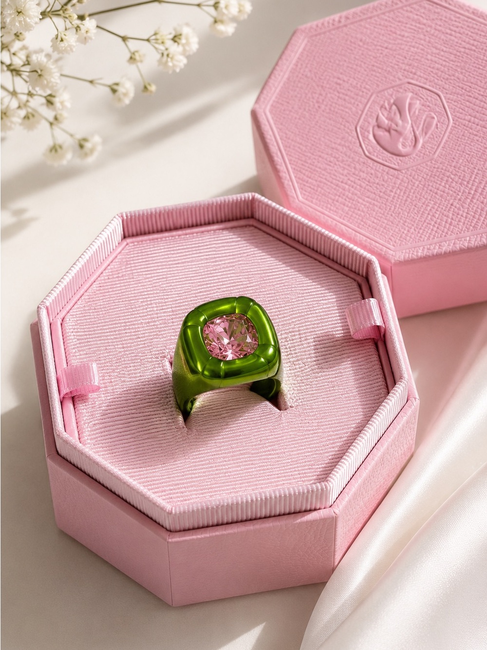 Swarovski Dulcis Cushion Cut Green Pink Crystal Cocktail Ring Sz 50